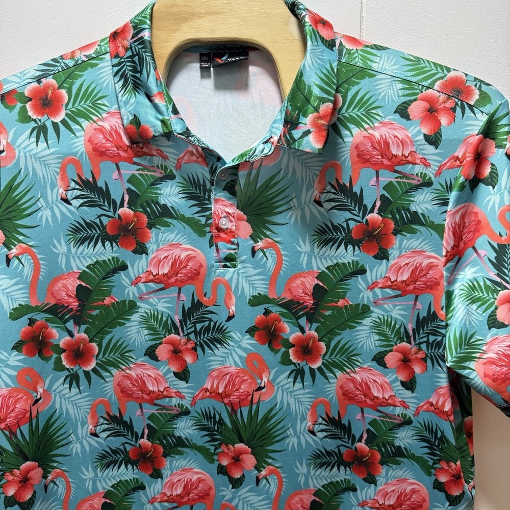 Yatta Golf Shirt Mens Size 2XL Pink‎ Flamingo Floral All Over Print Polo